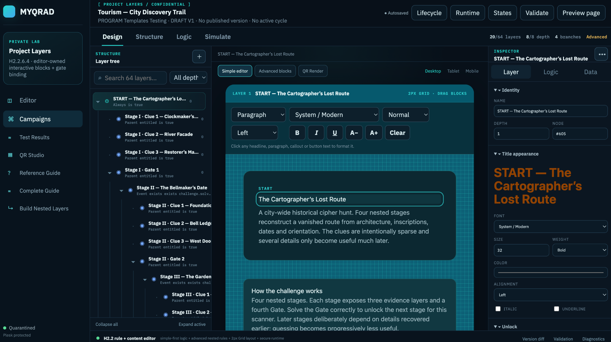 Actual MYQRAD Layers Design workspace showing the Layer tree, editor and Inspector